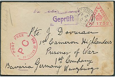 Ufrankeret feltpostbrev stemplet Field Post Office 44 (= 44. Division på Vestfronten) d. 24.7.1915 til britisk krigsfange fra 1st Cameron Highlanders i tysk fangenskab. Britisk og tysk krigsfangecensur.