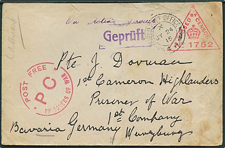 Ufrankeret feltpostbrev stemplet Field Post Office 44 (= 44. Division på Vestfronten) d. 24.7.1915 til britisk krigsfange fra 1st Cameron Highlanders i tysk fangenskab. Britisk og tysk krigsfangecensur.