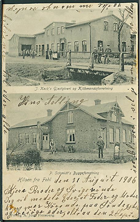 J. Kock's gæstgiveri og købmandsforretning samt P. Schmidt's byggeforretning i Fole. A. Juul u/no. Stemplet med Fohl / (Schleswig) og Osterlinnet / *(Schleswig)* brotypestempler.