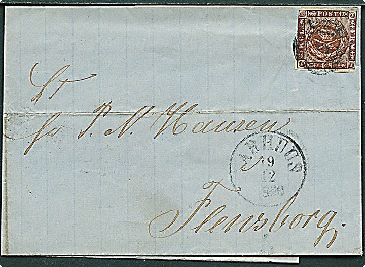 4 sk. 1858 udg. på brev annulleret med nr.stempel 5 og sidestemplet antiqua Aarhuus d. 19.12.1860 til Flensburg.