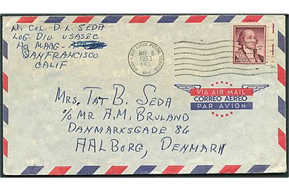 15 cents på luftpost brev stemplet Army & Air Force Postal Service APO 143 (= Saigon, Vietnam) til Aalborg, Danmark.
