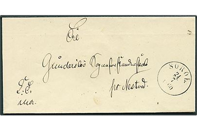 1860. Ufrankeret tjenestebrev med antiqua Soröe d. 24.7.1860 til Gundersløv Sogneforstanderskab.