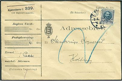 20 øre Fr. VIII single på adressebrev for pakke fra Kjøbenhavn d. 2.6.1911 til Stenderup Sogneraad pr. Kolding.