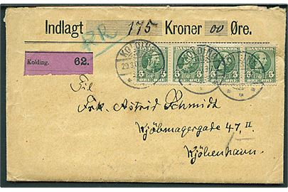 5 øre Chr. IX i 4-stribe på værdibrev fra Kolding d. 29.3.1906 til Kjøbenhavn. Ulovlig frankering, da frimærker på værdibreve skulle placeret med mindst et halvt mærkes mellemrum.