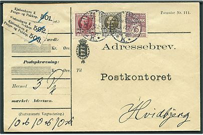 15 øre Bølgelinie, 25 øre og 50 øre Fr. VIII på adressebrev for 3 pakker fra Kjøbenhavn d. 18.1.1910 til Hvidbjerg.