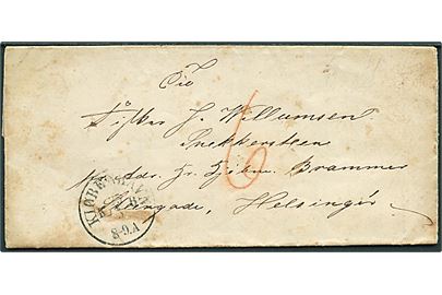 1864. Portobrev fra Kjøbenhavn d. 25.5.1864 til Snekkersten pr. Adr. Hr. Kjøbm. Brammer, Steengade, Helsingør. Udtakseret i 6 sk. porto.