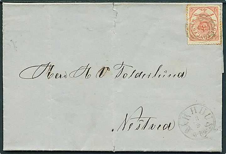 4 sk. Krone/Scepter på brev annulleret med nr.stempel 5 og sidestemplet Aarhus d. 2.3.1867 til Næstved.