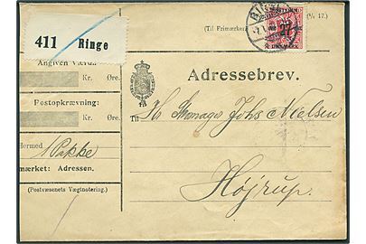 27/7 øre Provisorium single på adressebrev for pakke fra Ringe d. 7.1.1919 til Højrup. Afkortet i venstre side. 