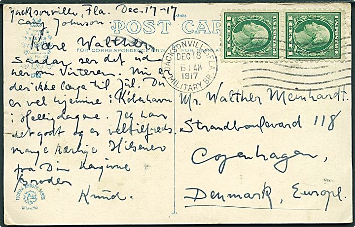 1 cents Washington i parstykke på brevkort stemplet Jacksonville Fla. Military Br. d. 18.12.1917 til København, Danmark. Fra dansker i militærlejr Camp Johnson