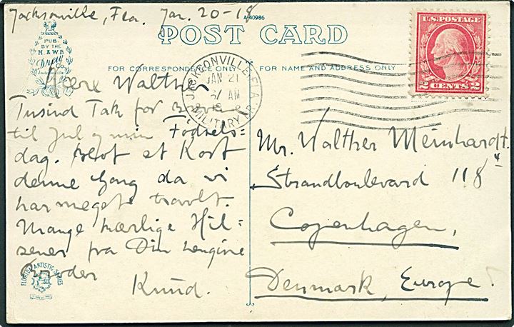 2 cents Washington på brevkort stemplet Jacksonville Fla. Military Br. d. 21.1.1918 til København, Danmark. Fra dansker i militærlejr i Jacksonville. 