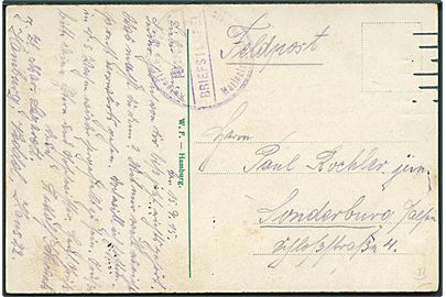 Ufrankeret feltpostkort med svagt briefstempel fra Marinelazaret i Hamburg dateret d. 13.9.1915 til Sønderborg.