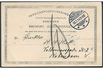 Ufrankeret brevkort fra Helsingør d. 10.7.1910 til København. Udtakseret i 10 øre porto.