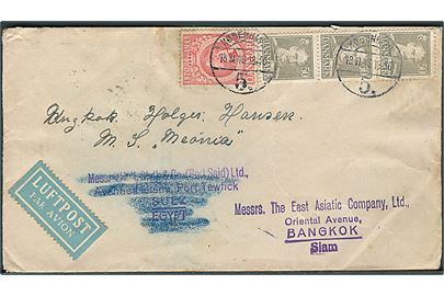 50 øre Chr. X (3) og 20 øre Chr. X 75 år på luftpostbrev fra København d. 18.11.1946 til sømand ombord på M/S Meonia i Suez, Egypten - eftersendt til Bangkok, Siam.