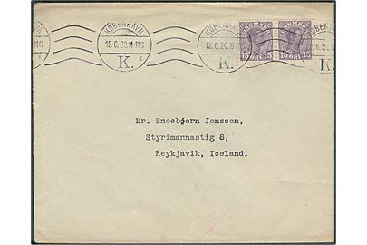 15 øre Chr. X i parstykke på brev fra København d. 12.6.1920 til Reykjavik, Island.