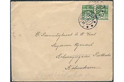 10 øre Bølgelinie i parstykke på brev fra Korsør d. 29.7.1922 til Krydseren Hejmdal, Købmagergades Postkontor, København K. - eftersendt til skibets station i Frederikshavn.