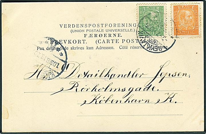 3 aur og 5 aur Chr. IX på brevkort (Amtmandsboligen, Thorshavn) stemplet Reykjavik d. 9.7.1905 til Kjøbenhavn, Danmark.