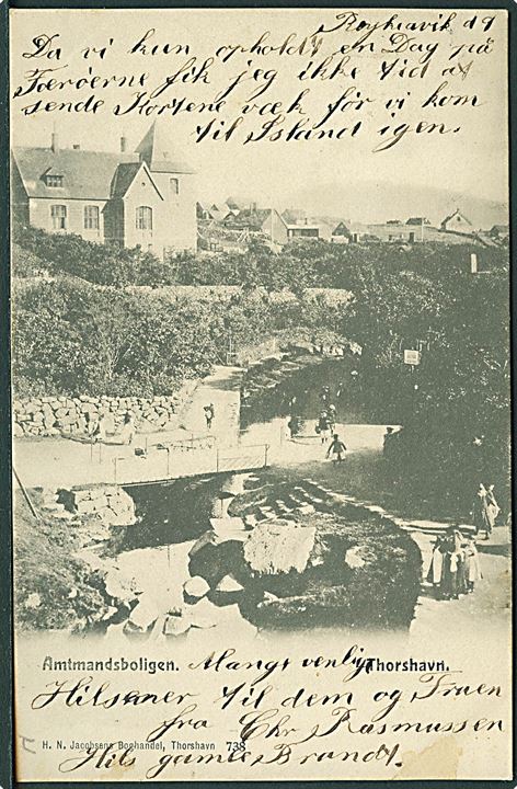 3 aur og 5 aur Chr. IX på brevkort (Amtmandsboligen, Thorshavn) stemplet Reykjavik d. 9.7.1905 til Kjøbenhavn, Danmark.