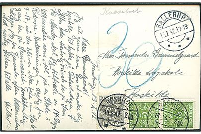 Ufrankeret brevkort dateret Jonstrup og stemplet Ballerup d. 13.2.1942 til Roskilde. Udtakseret i porto med 5 øre (par) og 20 øre Portomærke stemplet Roskilde d. 14.2.1942.
