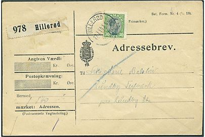 30 øre Chr. X single på adressebrev for pakke fra Hillerød d. 27.1.1919 til Lundby.