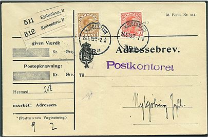 10 øre og 1 kr. Chr. X på adressebrev for 2 pakker fra Kjøbenhavn d. 20.5.1915 til Nykjøbing Jylland.