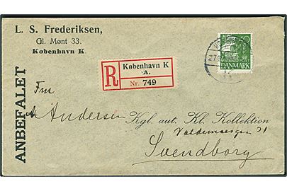 40 øre Karavel single på anbefalet brev fra København d. 27.6.1927 til Svendborg.