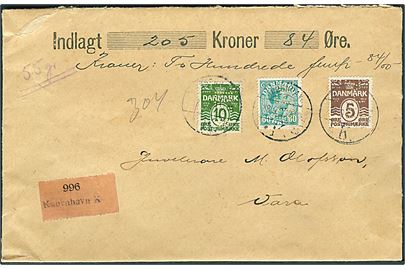 5 øre, 10 øre Bølgelinie og 60 øre Chr. X med perfin D.F.A. på 75 øre frankeret værdibrev fra København d. 18.9.1929 til Vara, Sverige. På bagsiden afs.-stempel og laksegl: A/S Alfenide Dansk Forsølvnings Anstalt.