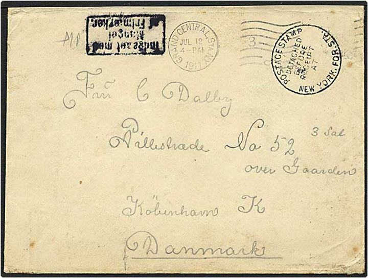 Brev fra New York, USA, d. 12.7.1911 til København. Kassestempler Indgået med manglende frimærke.