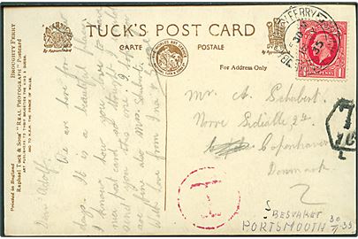1d George V på underfrankeret brevkort fra Broughty Ferry d. 18.7.1935 til København, Danmark. To portostempler, men ikke udtakseret i dansk porto.