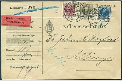 20 øre, 25 øre og 50 øre Fr. VIII på adressebrev for pakke med opkrævning fra Kjøbenhavn d. 2.4.1910 til Allinge.