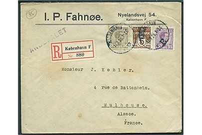 5 øre Bølgelinie, 15 øre og 50 øre Chr. X på anbefalet brev fra Kjøbenhavn d. 17.7.1924 til Mulhouse, Frankrig.