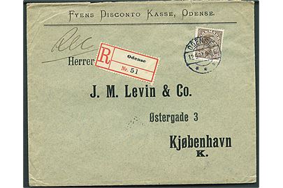 25 øre Chr. X single på anbefalet brev fra Odense d. 12.9.1914 til Kjøbenhavn. Laksegl fjernet fra bagsiden.