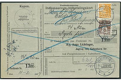 5 øre Bølgelinie og 30 øre Karavel på retur Indkasserings-Indbetalingskort fra København d. 14.2.1927 til Herlufmagle.