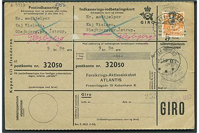 80 øre Fr. IX single på retur Indkasserings-indbetalingskort fra København d. 12.2.1957 til Glejbjerg.