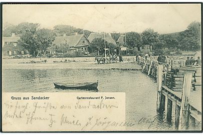 Gruss aus Sandacker. Gartenrestaurant P. Jensen. Carl Speck, 1904.