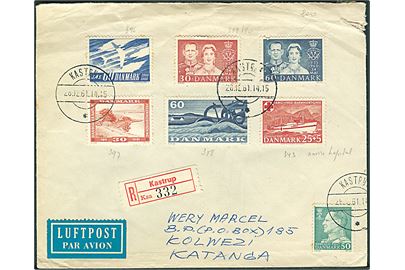 Blandingsfrankeret anbefalet luftpostbrev fra Kastrup d. 28.12.1961 til Kolwezi, Katanga, Afrika. Filatelistisk - men interessant destination.