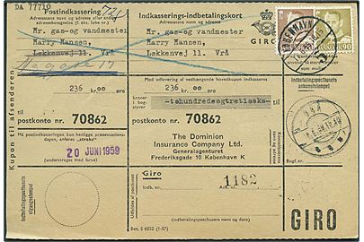 20 øre og 90 øre Fr. IX på retur Indkasserings-indbetalingskort fra København d. 11.6.1959 til Vrå.