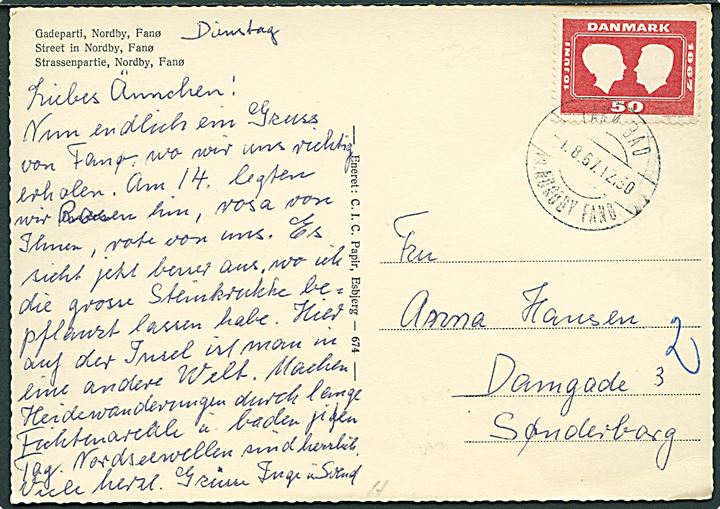 50 øre Bryllup på brevkort annulleret med pr.-stempel Fanø Bad pr. Nordby Fanø d. 1.8.1967 til Sønderborg.