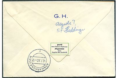 30 øre Landbrug i parstykke på brev fra Store Heddinge d. 26.6.1962 til Assmannshausen, Tyskland. Retur med 2-sproget returetiket: Parti/Abgereist.
