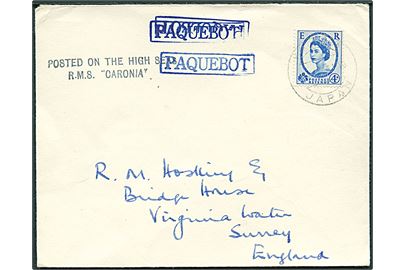 4d Elizabeth på skibsbrev stemplet Yokohama Japan 1956 og sidestemplet Paquebot til England. Privat sidestempel Posted on the high sea R.M.S. Caronia.