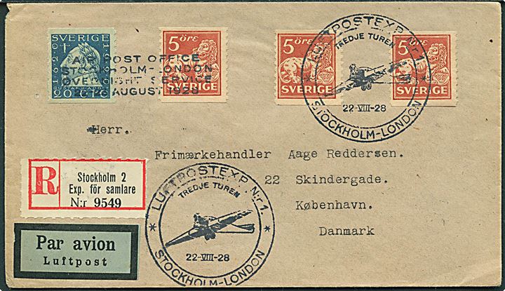 5 öre Løve (3) og 20 öre Gustaf II Adolf på anbefalet luftpostbrev annulleret med særstempel Luftpostexp. Nr. 1 Stockholm - London d. 22.8.1928 til København, Danmark.