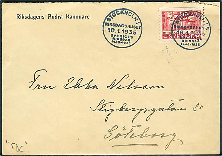 15 öre Riksdagen på fortrykt kuvert fra Riksdakens Andra Makkare sendt som FDC med særstempel Stockholm Riksdagshuset / Sveriges Riksdag 1435-1935 d. 10.1.1935 til Göteborg.