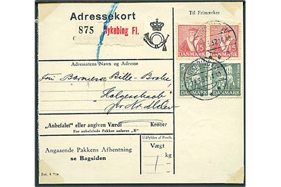 5 øre Nikolai Kirke og 15 øre Tavsen i parstykke på adressekort for pakke fra Nykøbing Fl. d. 23.3.1937 til Nr. Alslev.
