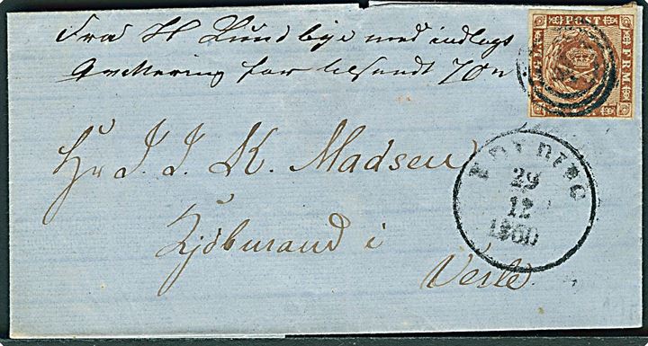 4 sk. 1858 udg. på brev annulleret med svagt nr.stempel 36 og sidestemplet antiqua Kolding d. 29.12.1860 til Vejle.