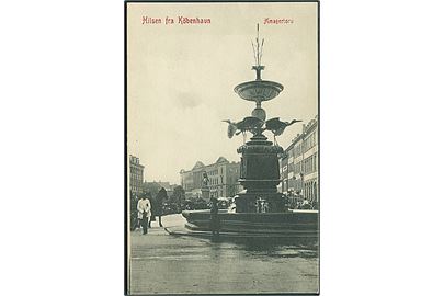 Hilsen fra København med storkespringvandet på Amagertorv. F. M. no. 362. 