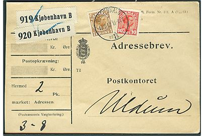 10 øre og 1 kr. Chr. X på adressebrev for 2 pakker fra Kjøbenhavn d. 18.9.1917 til Uldum.