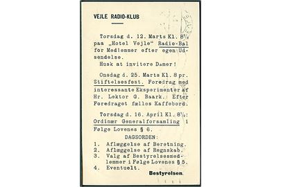 5 øre Bølgelinie på brevkort fra Vejle Radio-Klub sendt lokalt i Vejle d. 9.3.1925. Interessant tidlig Radio-forsendelse fra tiden før Danmarks Radio blev oprettet (1.4.1925).