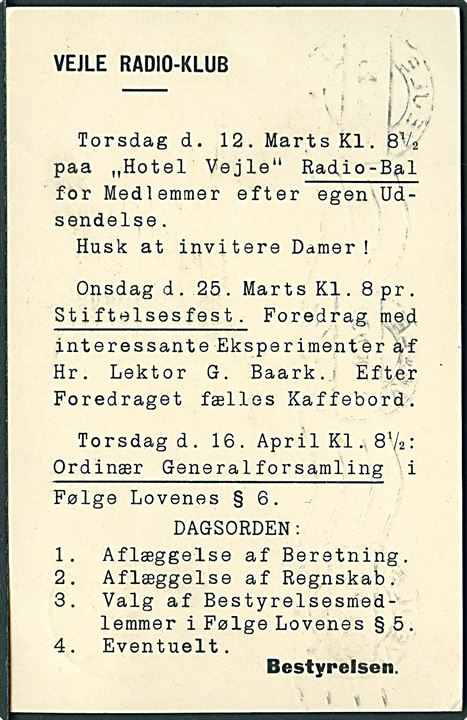 5 øre Bølgelinie på brevkort fra Vejle Radio-Klub sendt lokalt i Vejle d. 9.3.1925. Interessant tidlig Radio-forsendelse fra tiden før Danmarks Radio blev oprettet (1.4.1925).