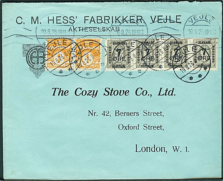 1 øre Bølgelinie (2) og 7/3 øre Provisorium (4) på illustreret firmakuvert fra Vejle d. 10.8.1926 til London, England.