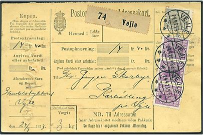 15 øre (3-stribe) og 50 øre Chr. X på 95 øre frankeret Postopkrævnings-Adressekort for 2. vægtkl. pakke fra Vejle d. 24.4.1923 til Kærbølling pr. Vejle.