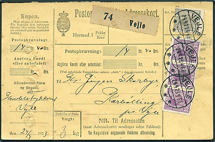 15 øre (3-stribe) og 50 øre Chr. X på 95 øre frankeret Postopkrævnings-Adressekort for 2. vægtkl. pakke fra Vejle d. 24.4.1923 til Kærbølling pr. Vejle.